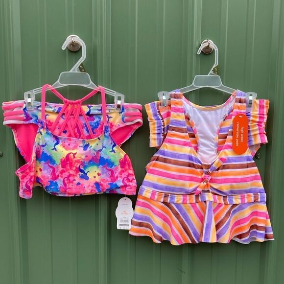 Girls Mermaid Bikini & Striped Tankini Swimsuit Bathing Suit 2-Pack Size XL - Picture 1 of 12